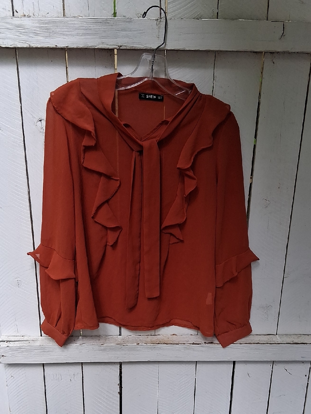 SHEIN Rust Ruffle Tie-Front Blouse
